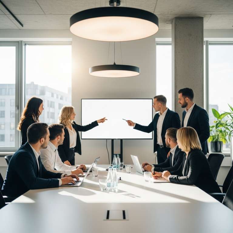 Zespół agencji Mayko analizujący wyniki kampanii Google Ads na interaktywnym wykresie w nowoczesnym biurze w Białymstoku.