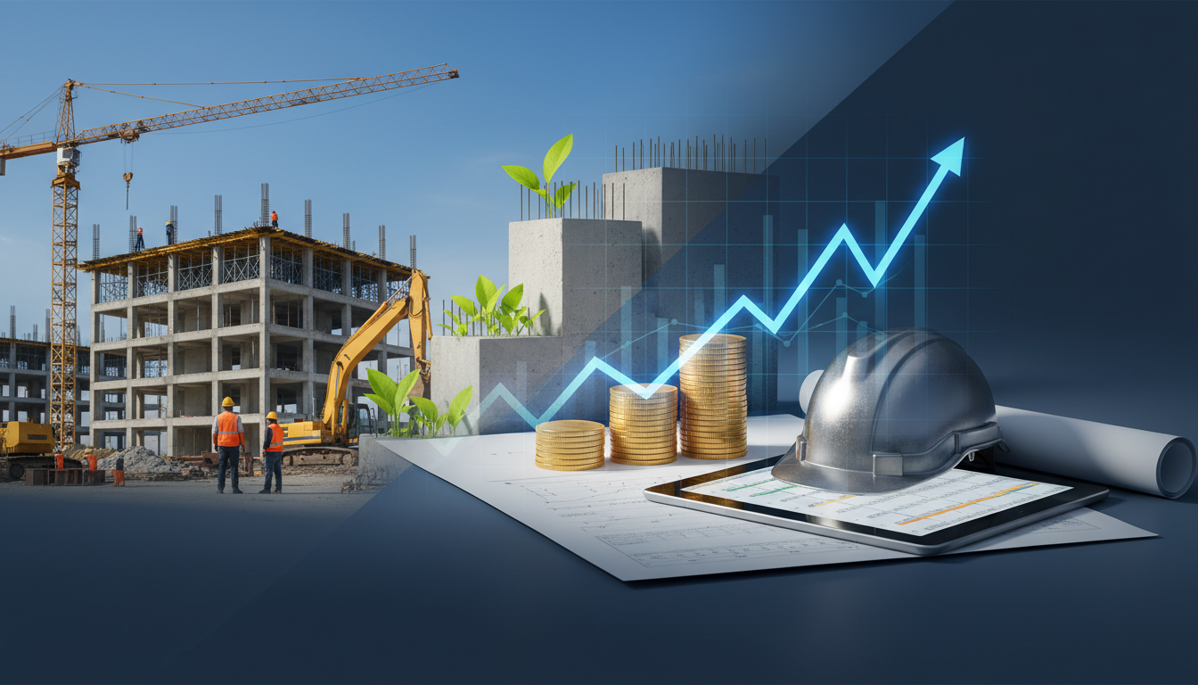 Architekt analizujący kosztorys budowlany na tablecie na tle placu budowy w 2026 roku